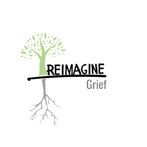 Reimagine Grief company logo featuring a tree graphic with the words ‘Reimagine Grief’ displayed next to it.