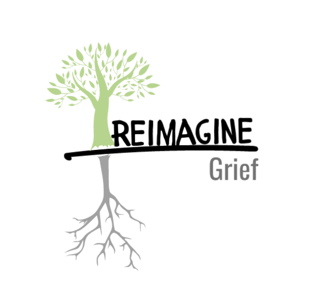 Reimagine Grief company logo featuring a tree graphic with the words ‘Reimagine Grief’ displayed next to it.